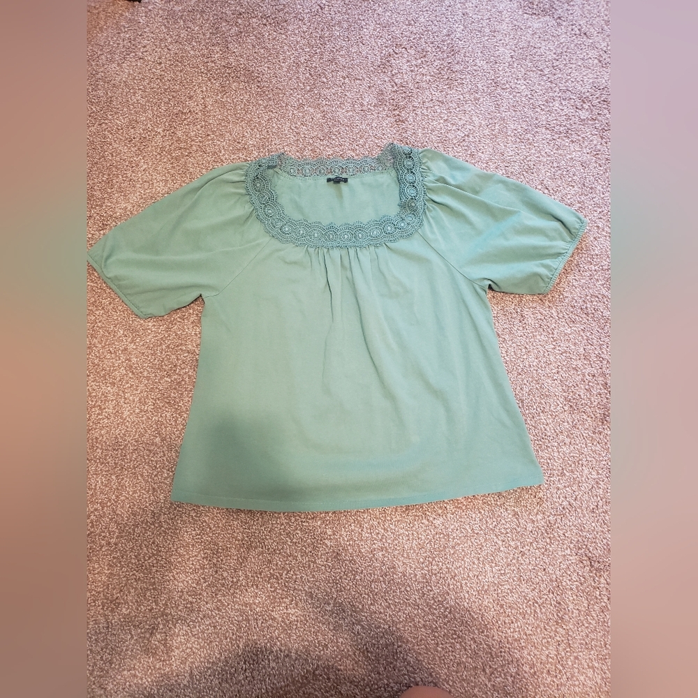 Talbots Women's Large Square Neckline Tee with Crochet Lace Trim
